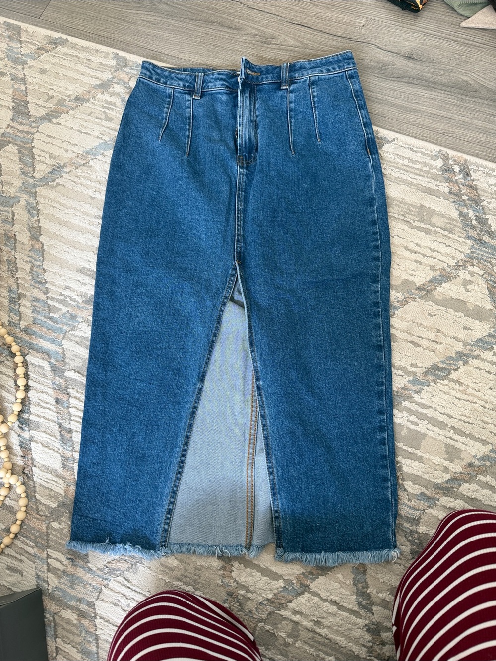 Classic Blue Denim Midi Skirt with Front Slit